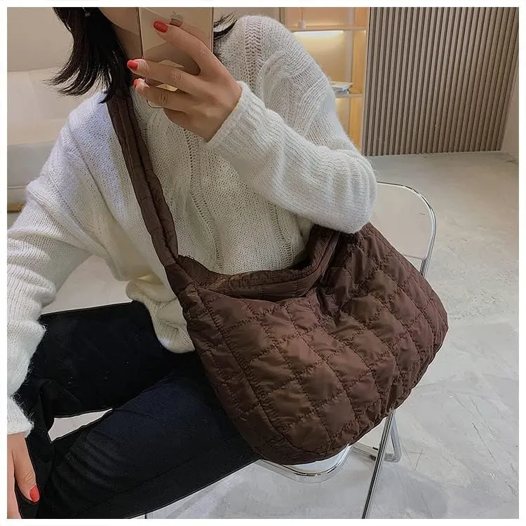 Puffer Bag Quilted Down Cotton Padding Shoulder Bag for Women Puffy Tote Bag Lightweight Crossbody Handbag