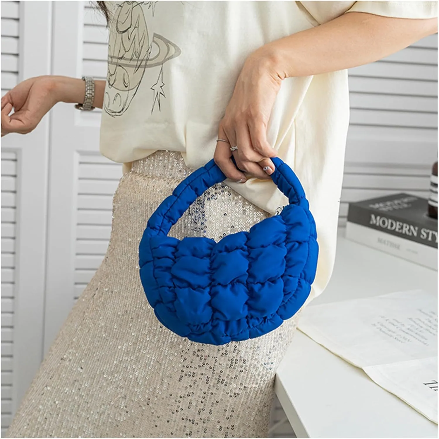 Puffer Bag Women Mini Quilted Cute Bubble Handbag Crescent Wrist Satchel Y2k Purse