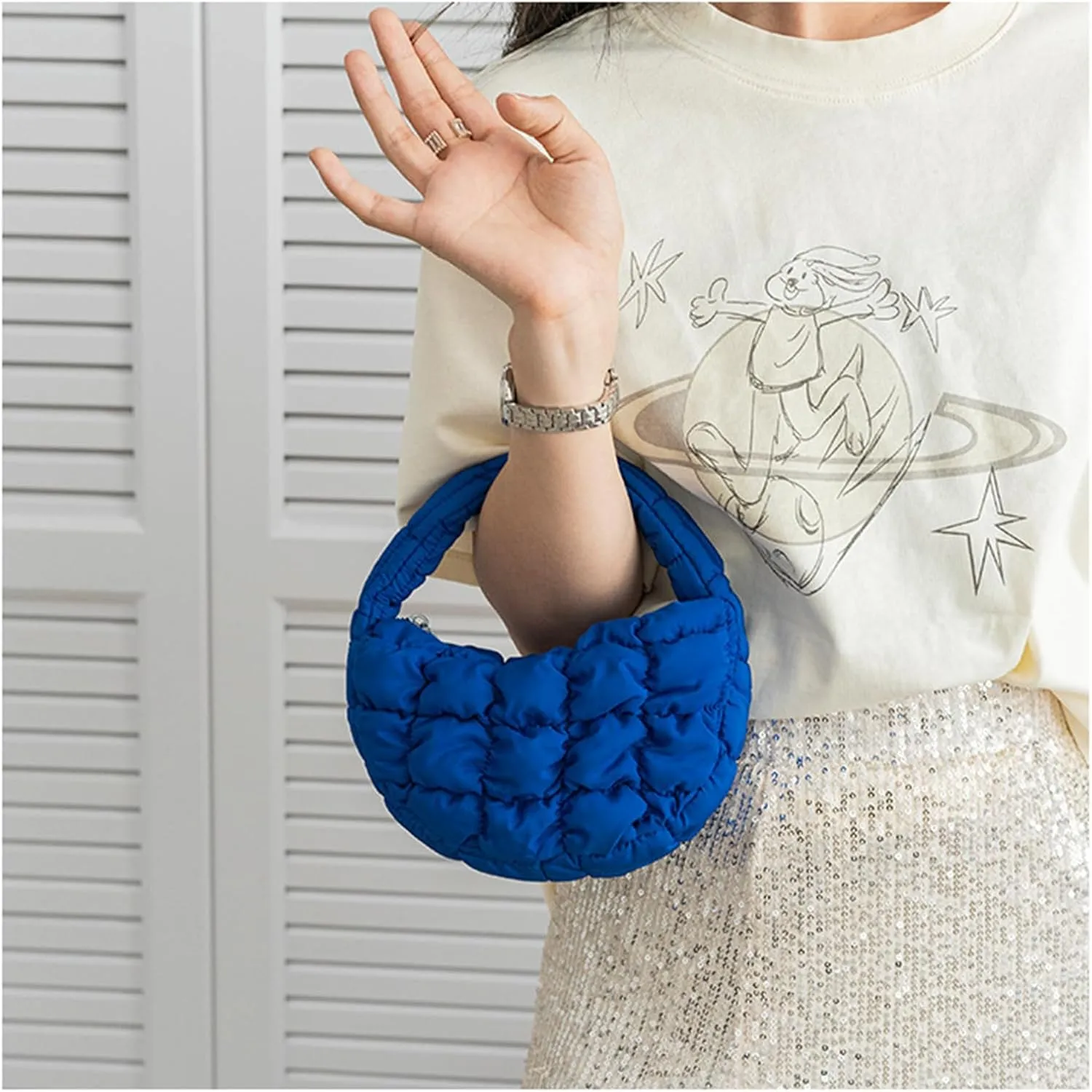 Puffer Bag Women Mini Quilted Cute Bubble Handbag Crescent Wrist Satchel Y2k Purse