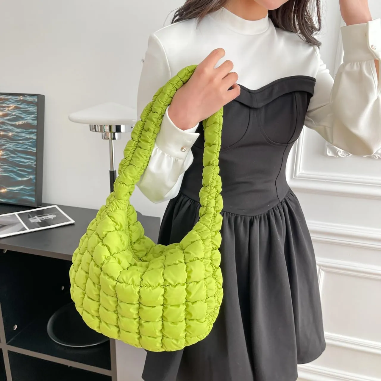 Puffer Carryall Tote Bag for Women Quilted Shoulder Bag for Travel Lightweight Cotton Padded Hobo Handbag