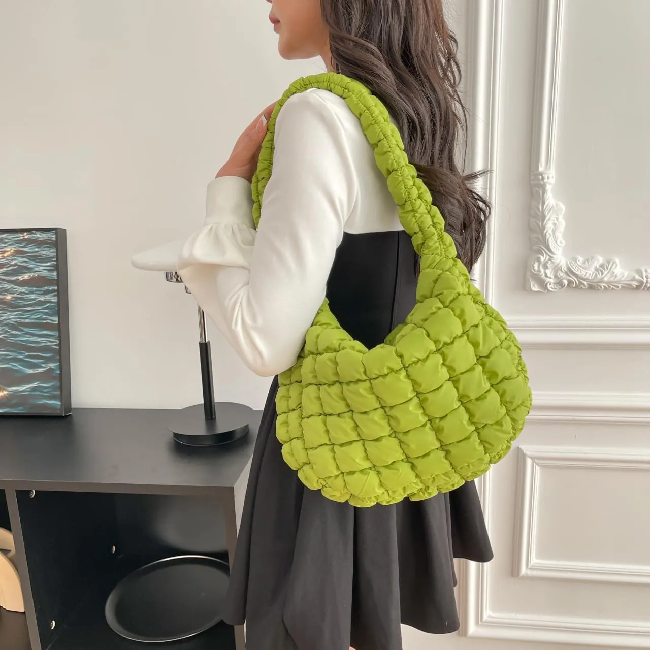 Puffer Carryall Tote Bag for Women Quilted Shoulder Bag for Travel Lightweight Cotton Padded Hobo Handbag