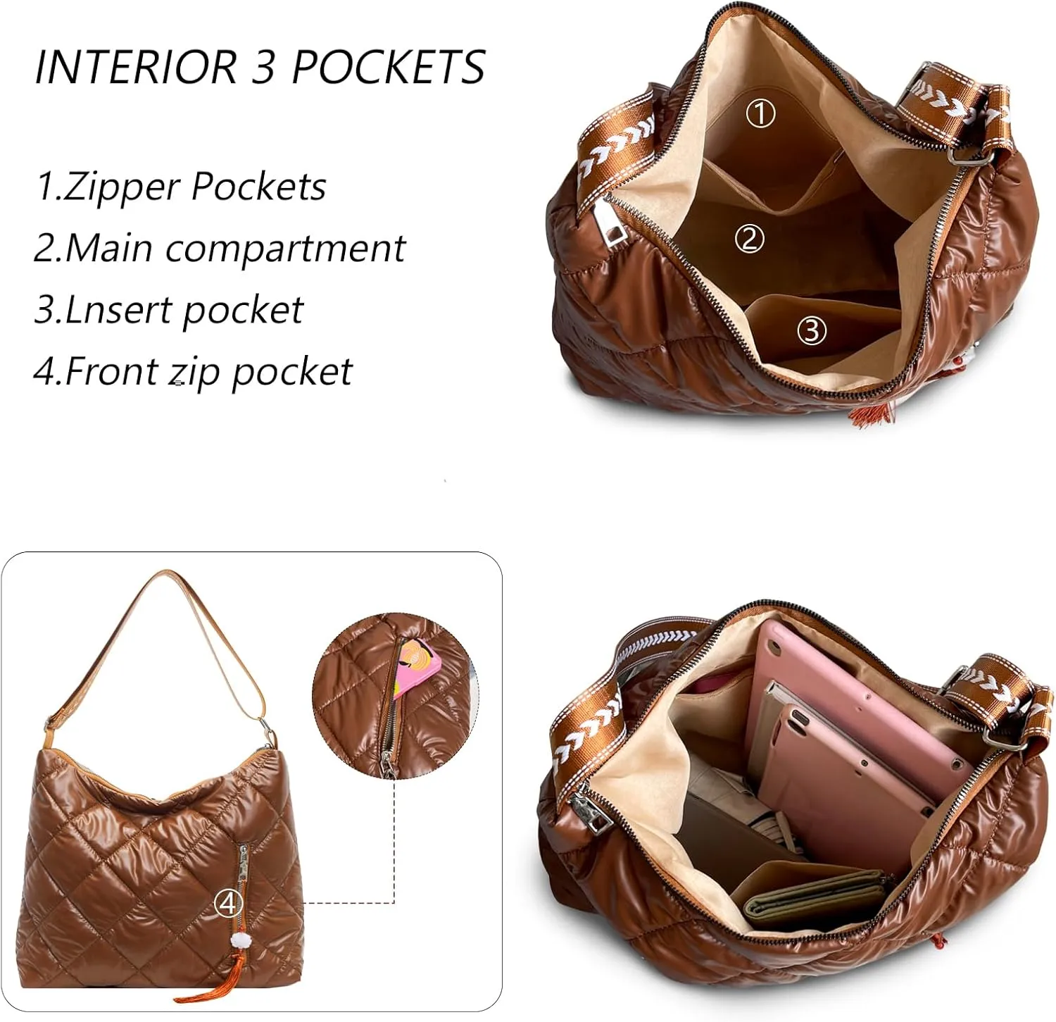 Puffer Crossbody Purse for Women - Quilted Down Cotton Padded Shoulder Bag Large Puffy Tote Bag with Adjustable Strap