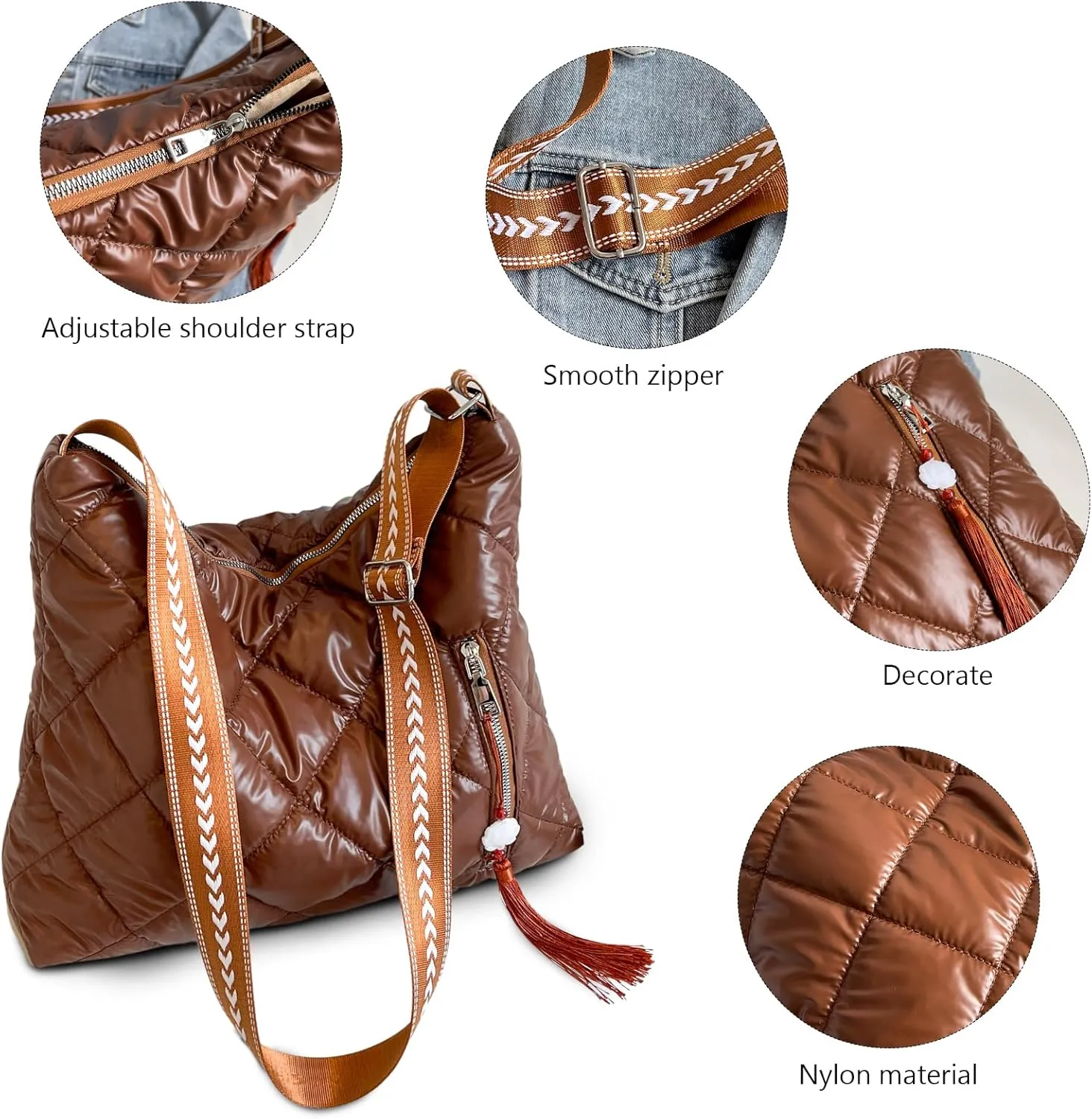 Puffer Crossbody Purse for Women - Quilted Down Cotton Padded Shoulder Bag Large Puffy Tote Bag with Adjustable Strap
