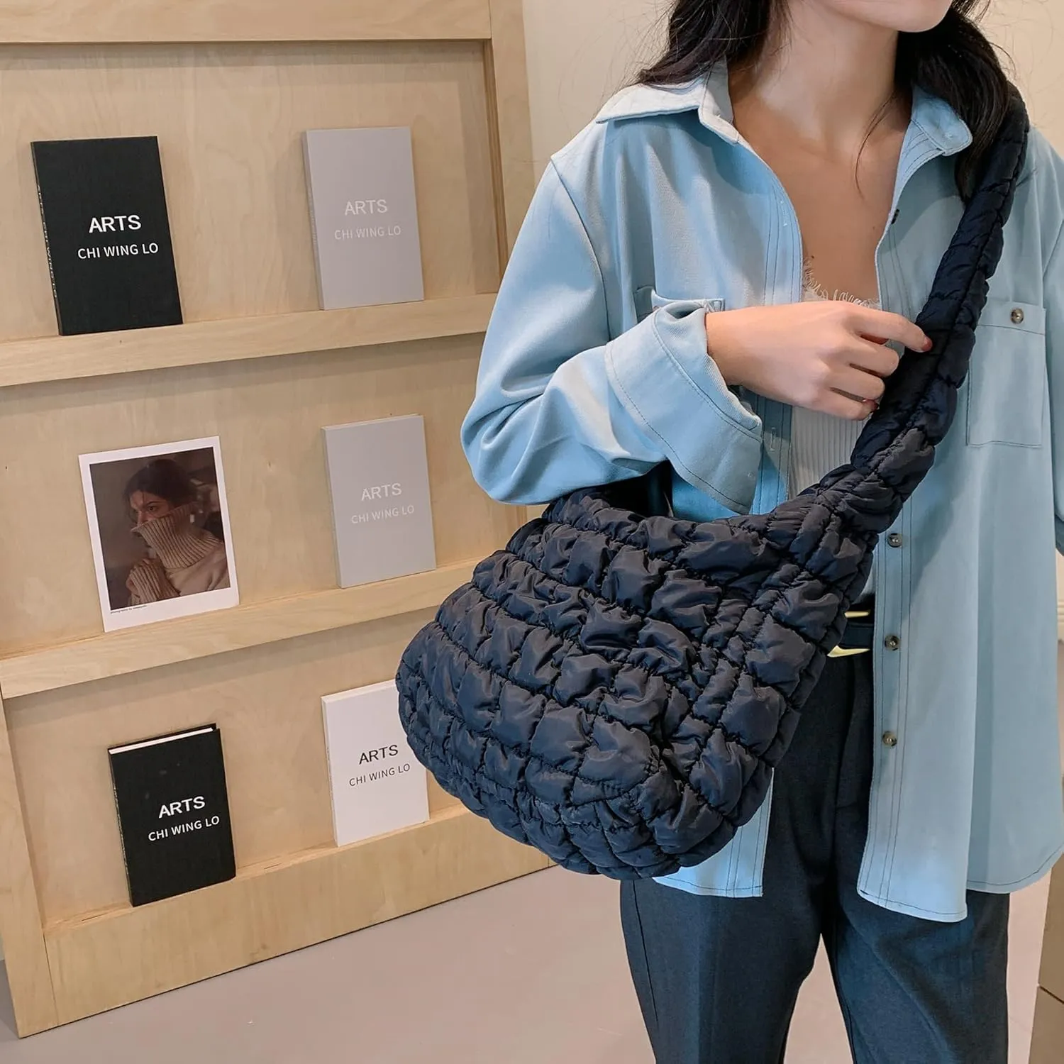 Puffer Quilted Tote Bag for Women Puffy Padded Crossbody Purse Soft Lightweight Shoulder Bag with Zipper