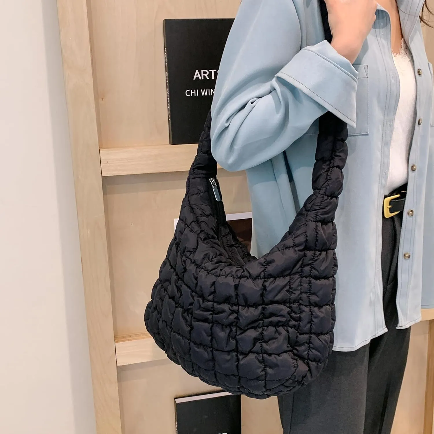 Puffer Quilted Tote Bag for Women Puffy Padded Crossbody Purse Soft Lightweight Shoulder Bag with Zipper