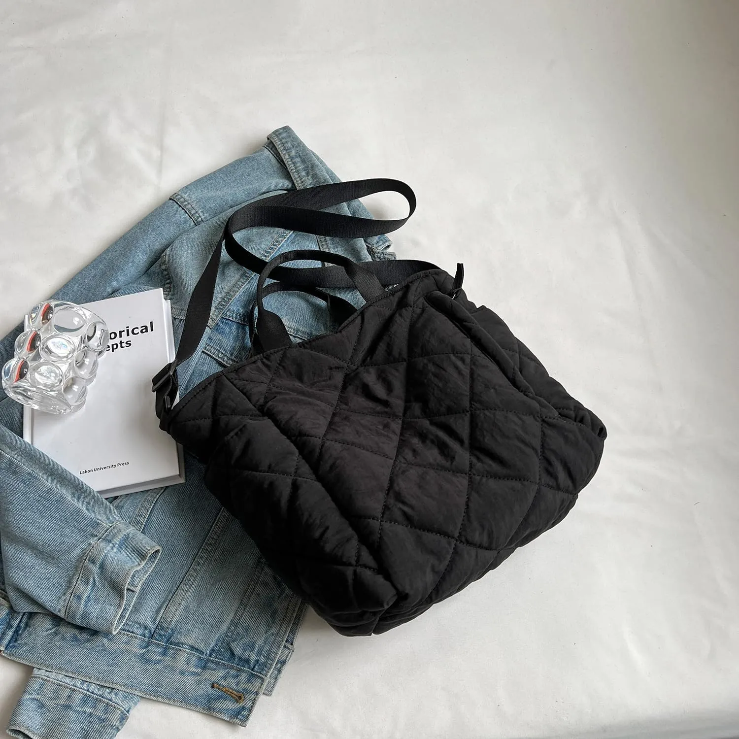 Puffer Quilted Tote Bag for Women Puffy Padded Crossbody Purse Soft Lightweight Shoulder Bag with Zipper