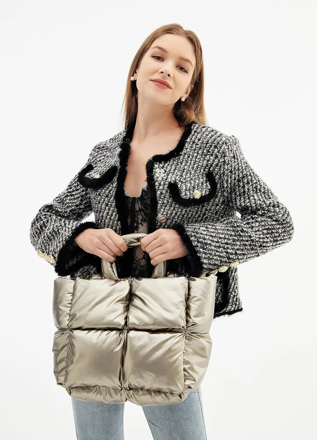 Puffer Shoulder Bag for Women Mini Down Satchel Hobo Bag Quilted Tote Bag Chic Purses 2024