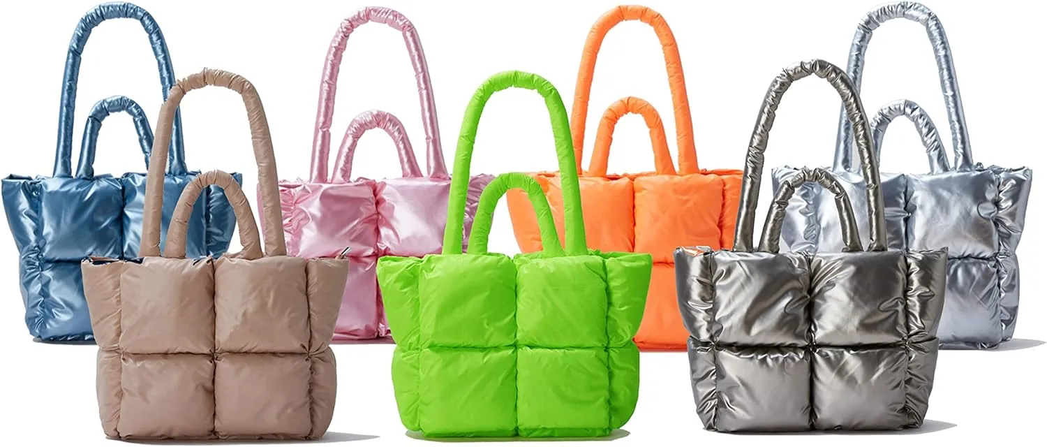 Puffer Shoulder Bag, Luxury Quilted Cotton Padded Tote Bag for Women, Winter Puffer Tote Bag Nylon Pillow Handbag Shopper Bag