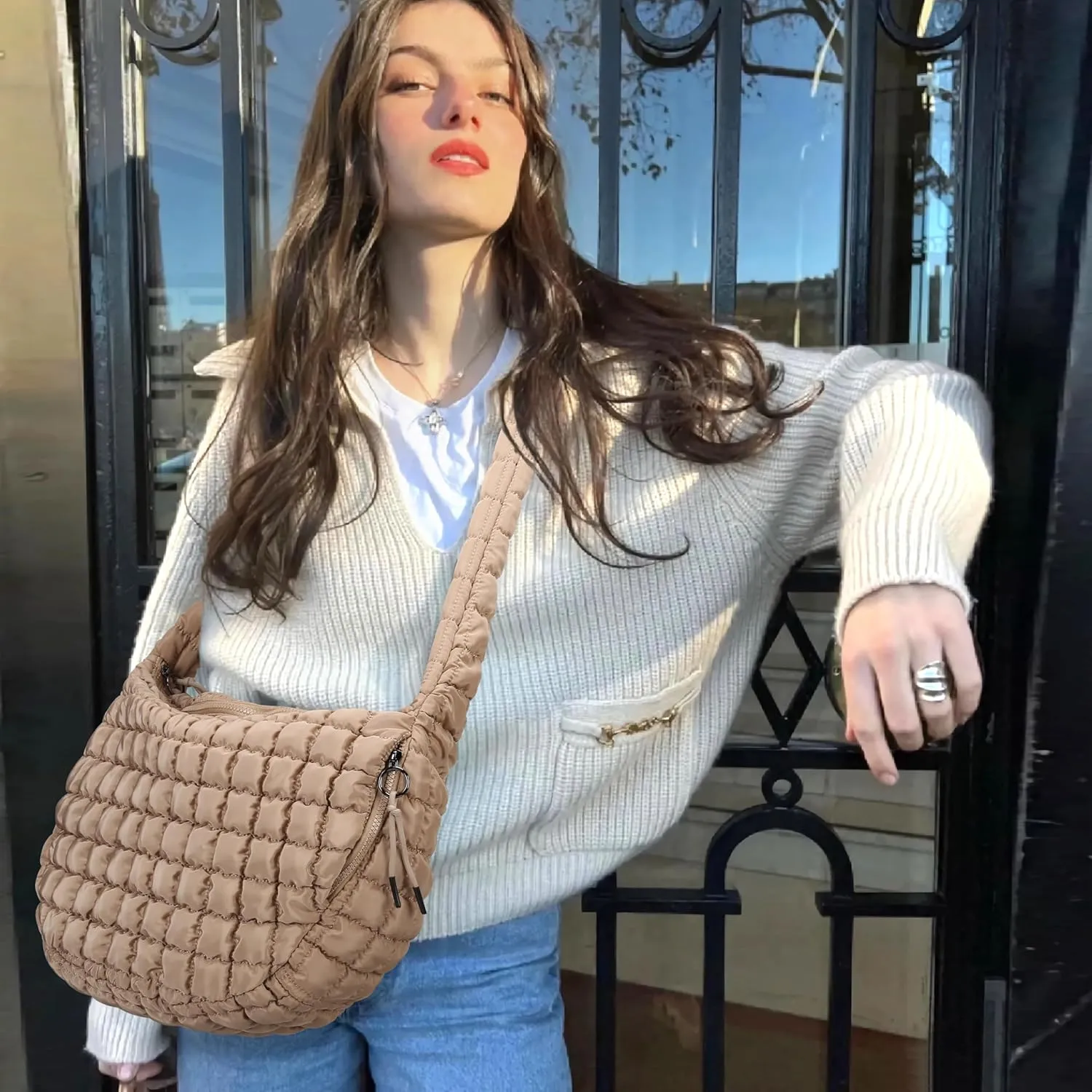 Puffer Tote Bag for Women, Hobo Bag Large Quilted Carryall Bag Soft Puffy Crossbody Bag Lightweight Puff Purse
