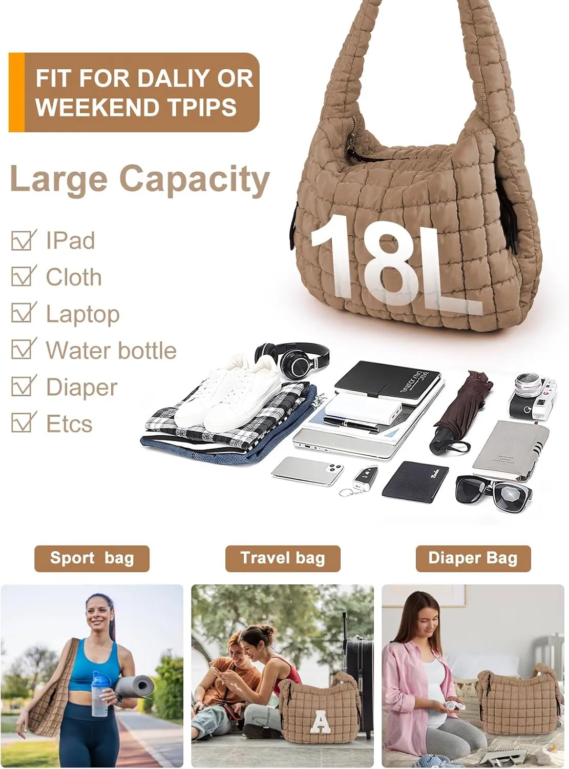 Puffer Tote Bag for Women initial Tote Bag Quilted Large Carryall Bag Puffy Cross-body Bag Hobo Handbags
