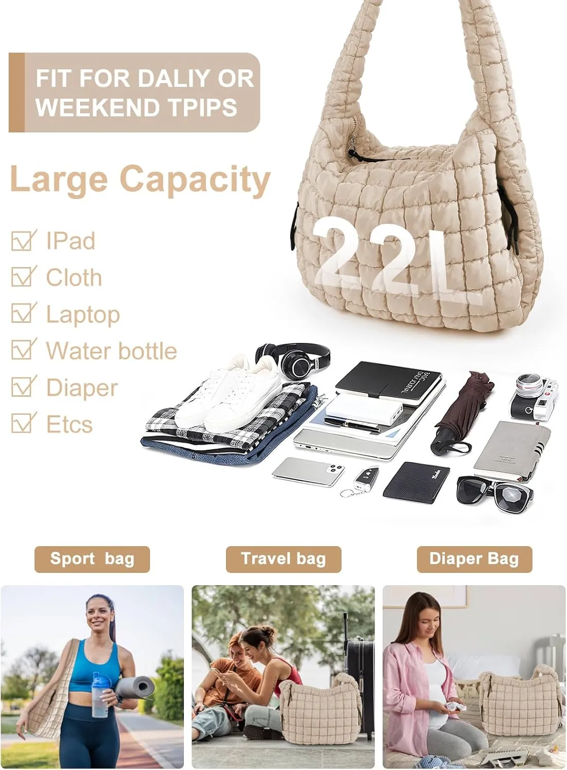Puffer Tote Bag for Women initial Tote Bag Quilted Large Carryall Bag Puffy Cross-body Bag Hobo Handbags