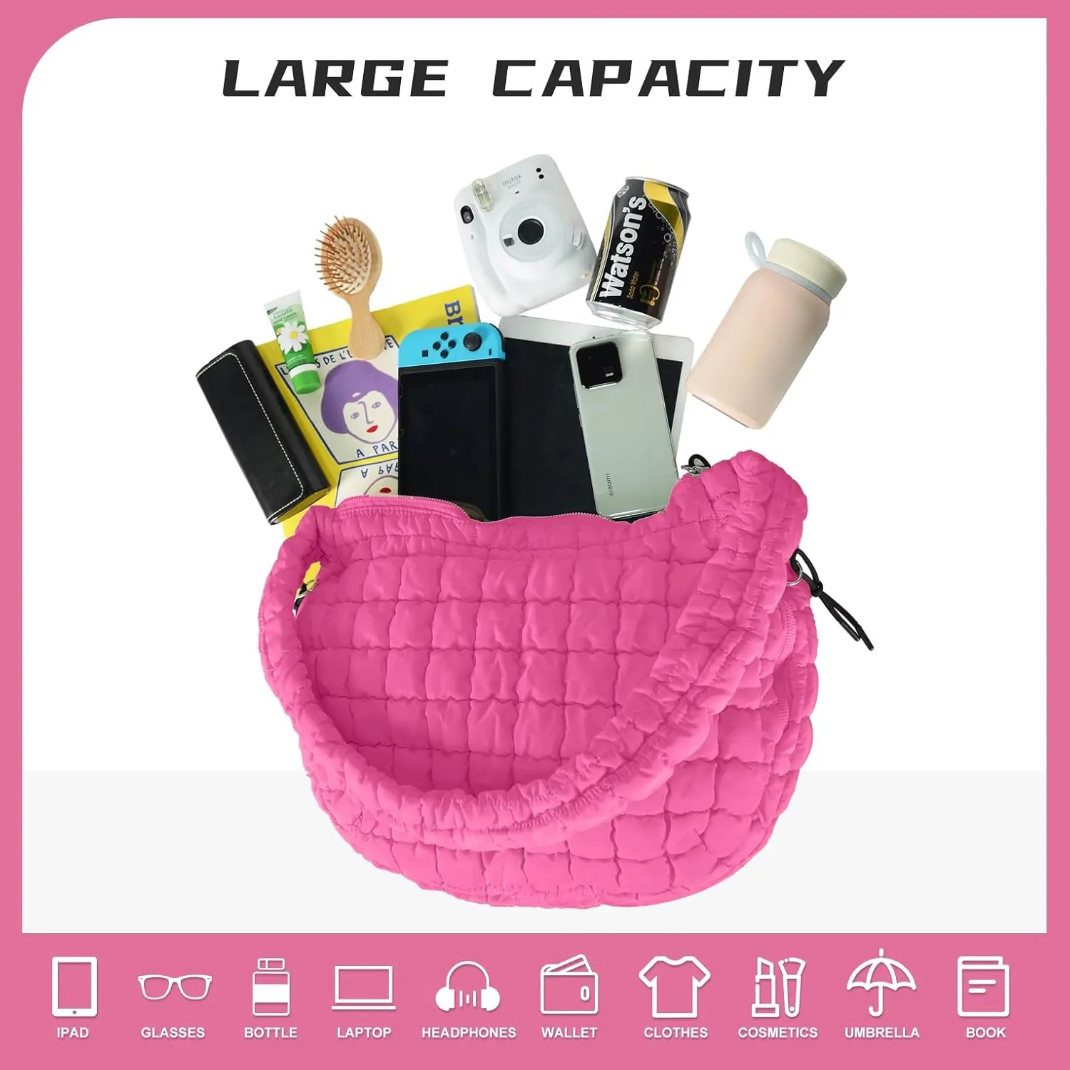 Puffer Tote Bag for Women, Large Puffy Quilted Crossbody Purse with Zipper Lightweight Shoulder Bag Handbag