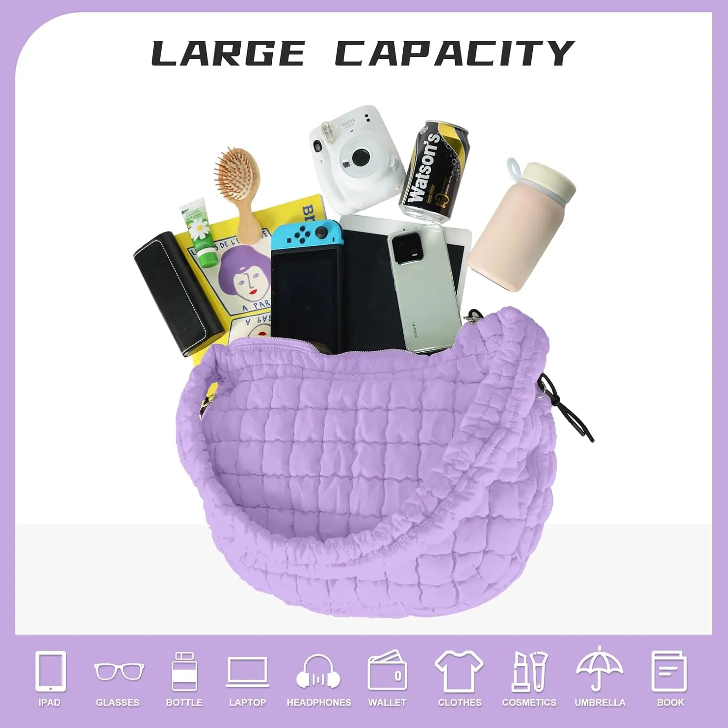 Puffer Tote Bag for Women, Large Puffy Quilted Crossbody Purse with Zipper Lightweight Shoulder Bag Handbag