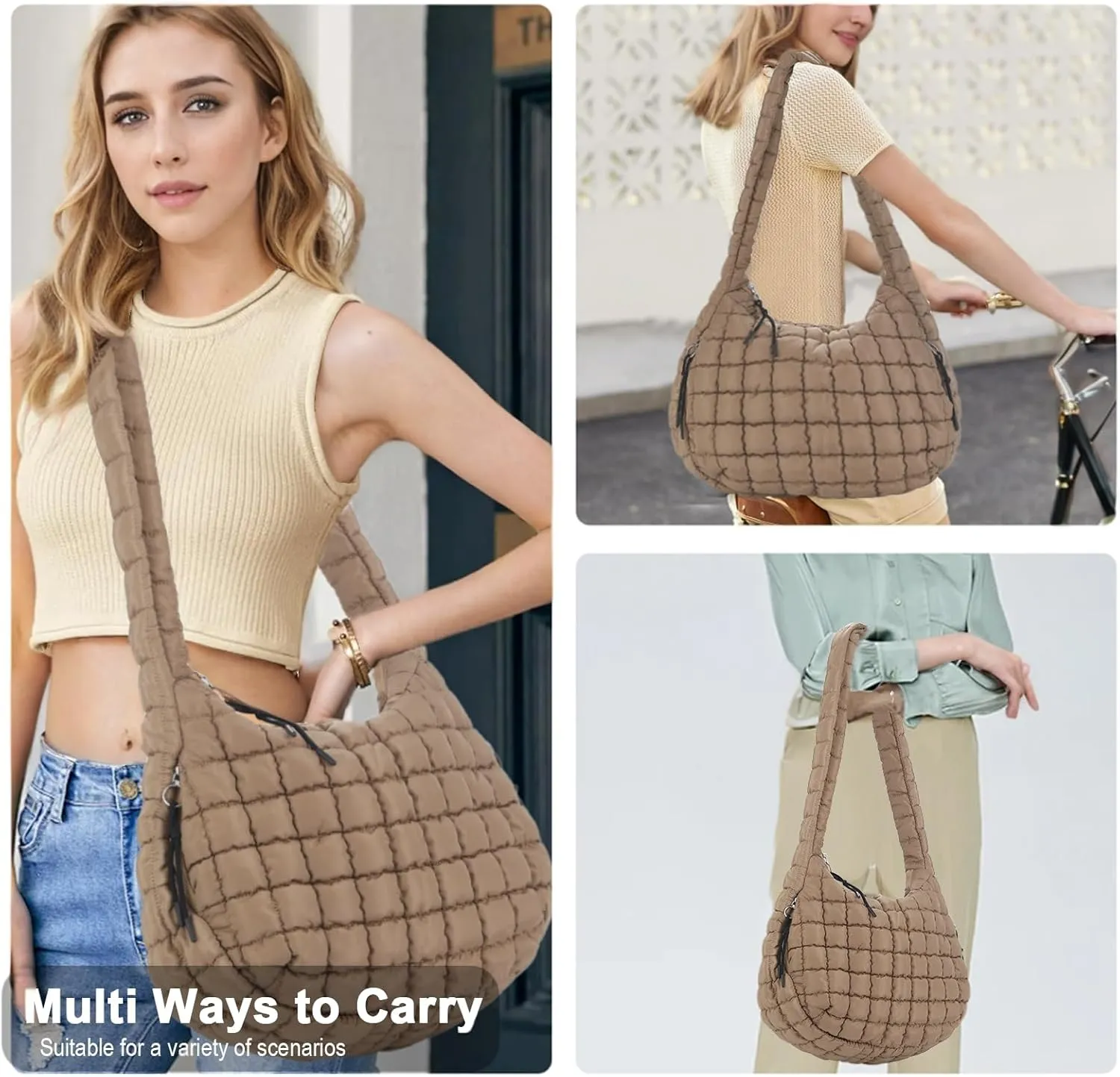 Puffer Tote Bag for Women, Large Quilted Carryall Soft Puffy Crossbody Hobo Handbag