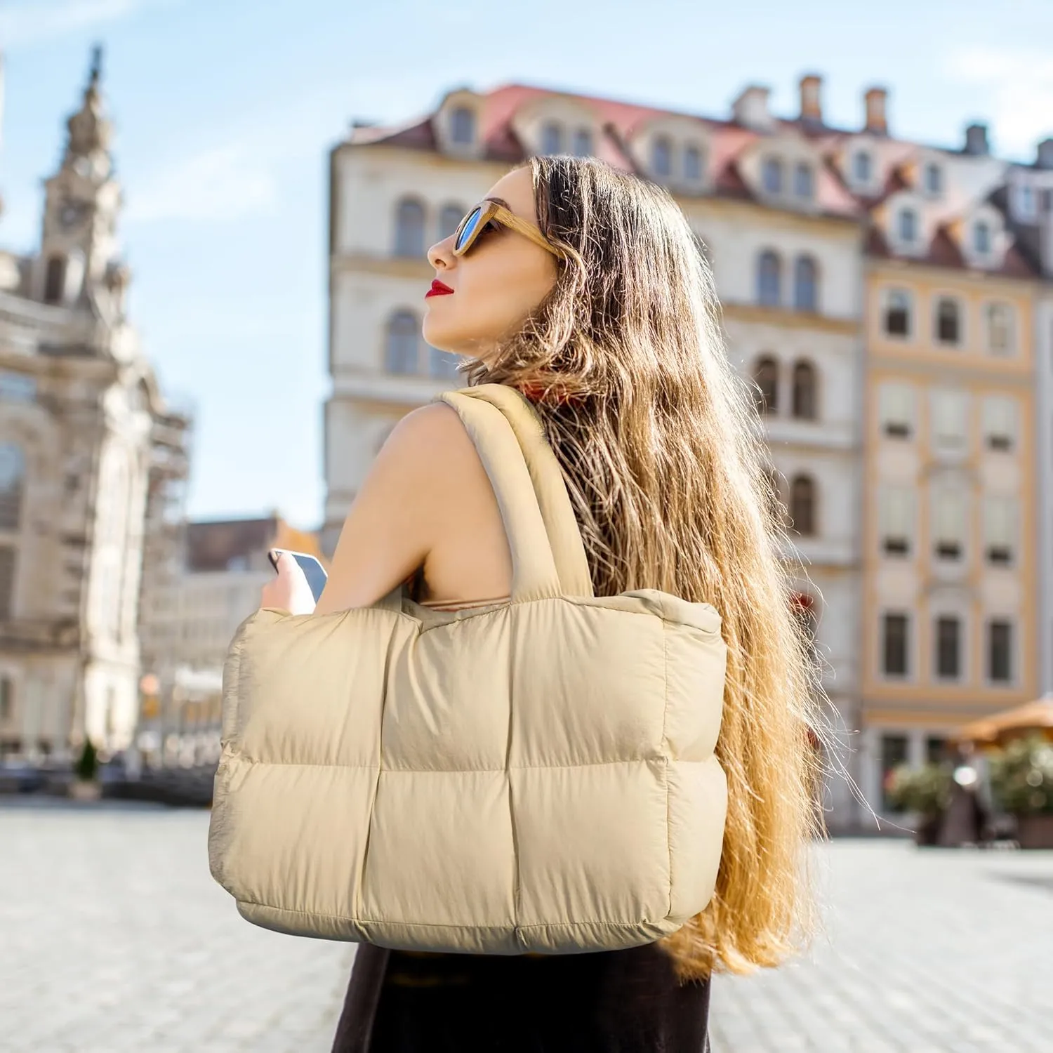 Puffer Tote Bag for Women, Large Quilted Puffy Handbag Lightweight Satchel Purse for Work Travel Gym Shop