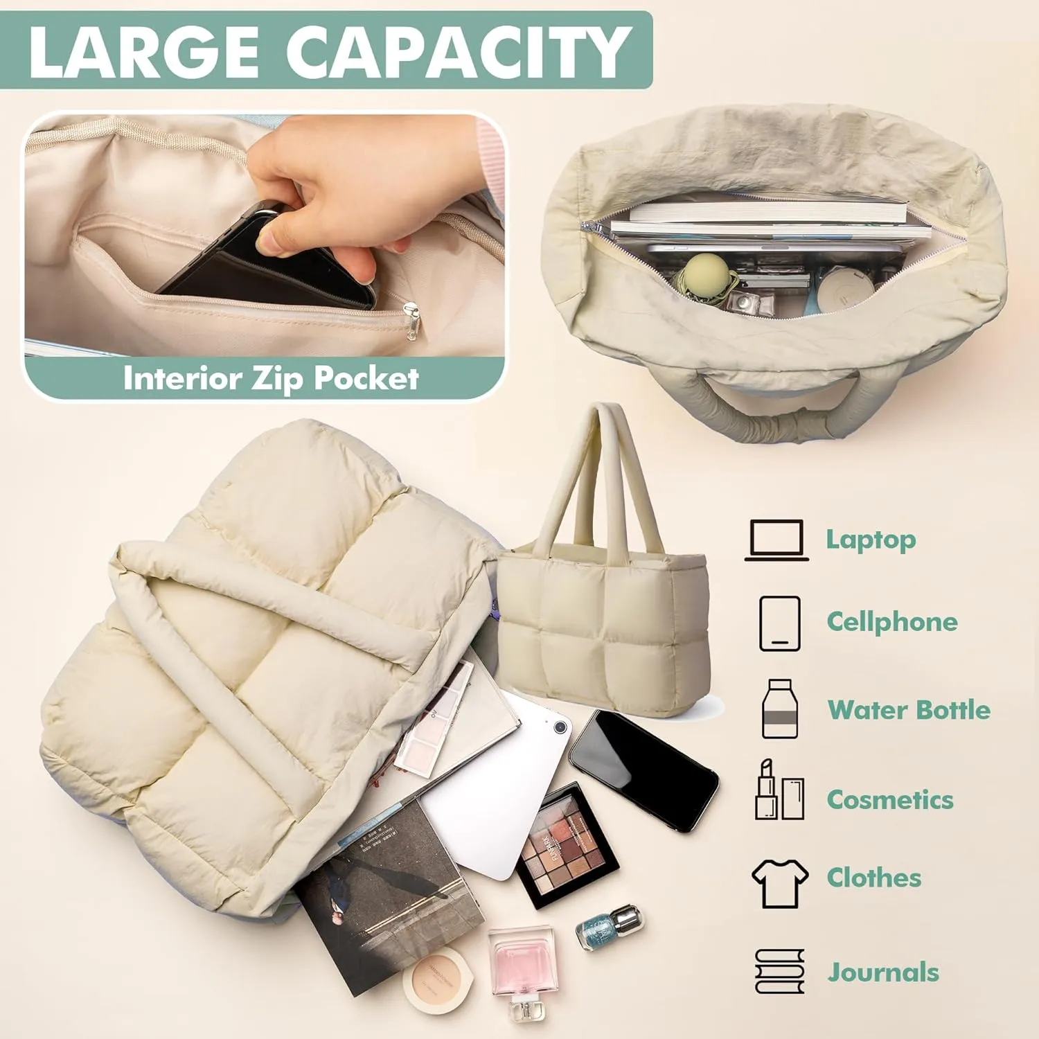 Puffer Tote Bag for Women, Large Quilted Puffy Handbag Lightweight Satchel Purse for Work Travel Gym Shop