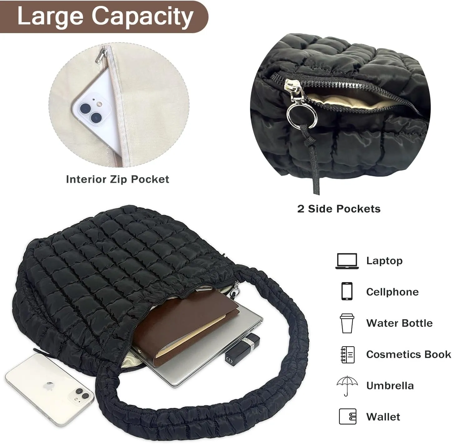 Puffer Tote Bag for Women Large Quilted Tote Bag Crossbody Lightweight Nylon Puffy Hobo Bag Carryall Shoulder Bag for Women