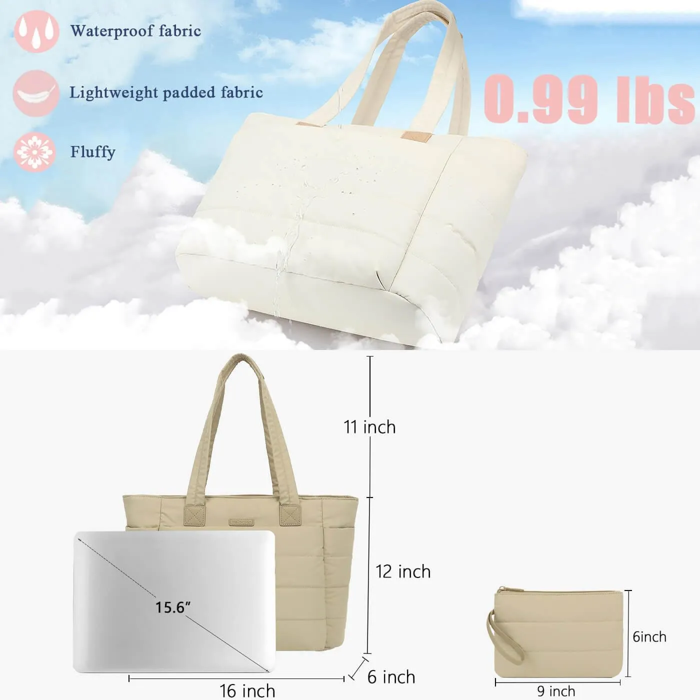 Puffer Tote Bag for Women, Lightweight Puffy Shoulder Bag with Compartments, Quilted Handbag for Work, Travel, Gym