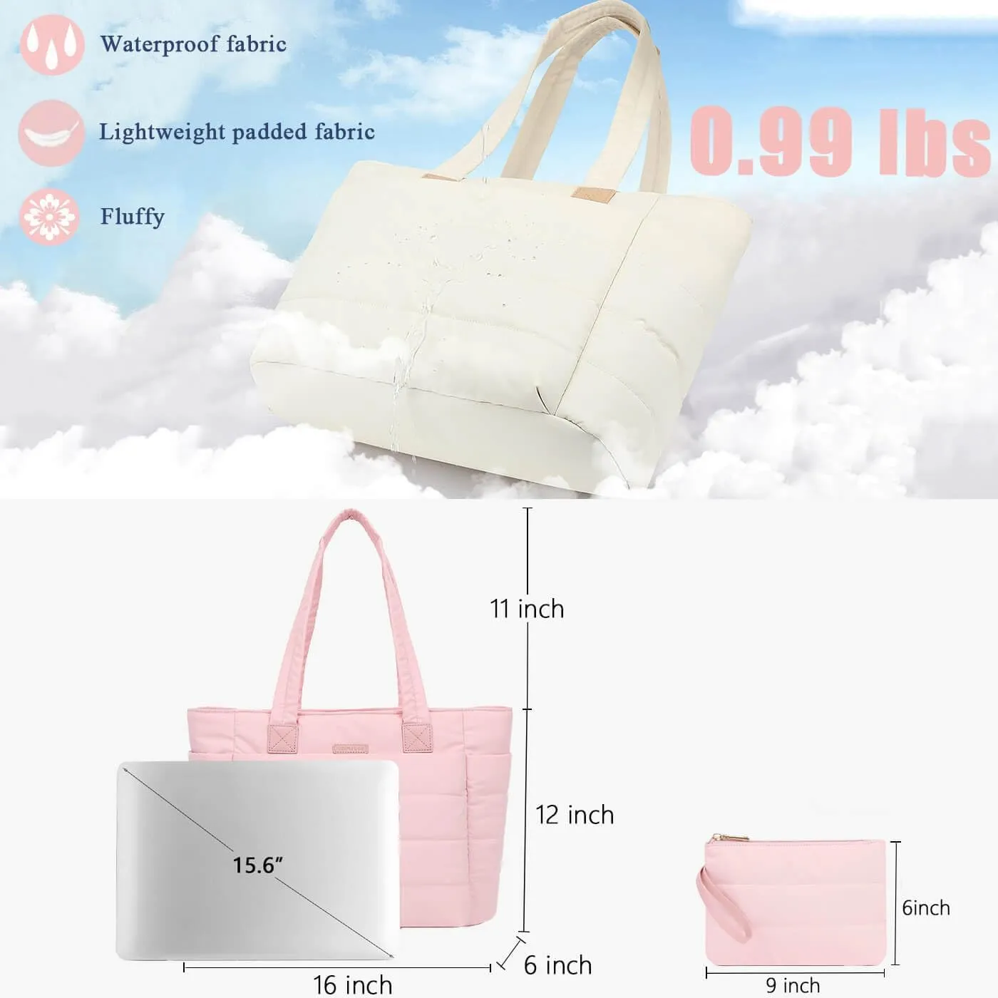 Puffer Tote Bag for Women, Lightweight Puffy Shoulder Bag with Compartments, Quilted Handbag for Work, Travel, Gym