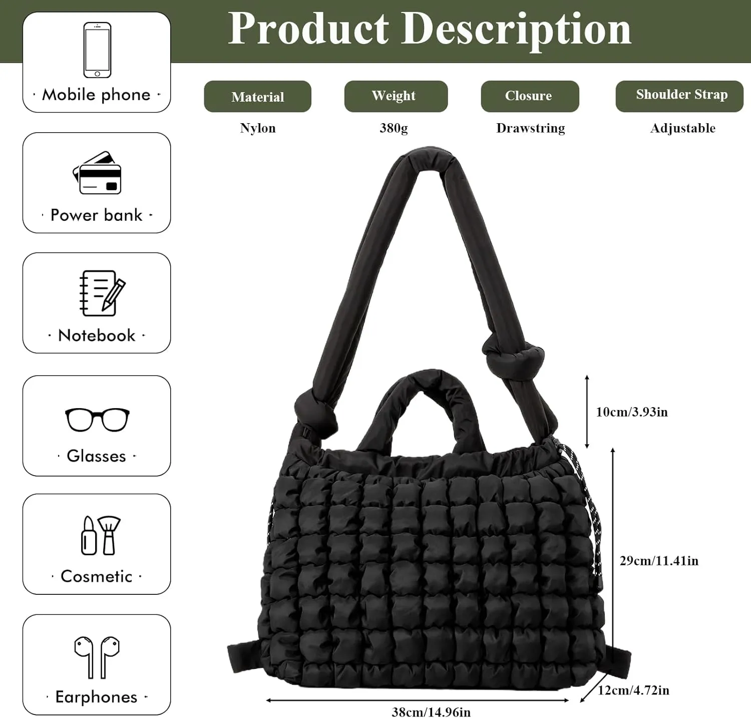 Puffer Tote Bag for Women Man, Stuffing Cotton Trendy Lightweight Puffer Bag Handbags Backpack with Drawstring
