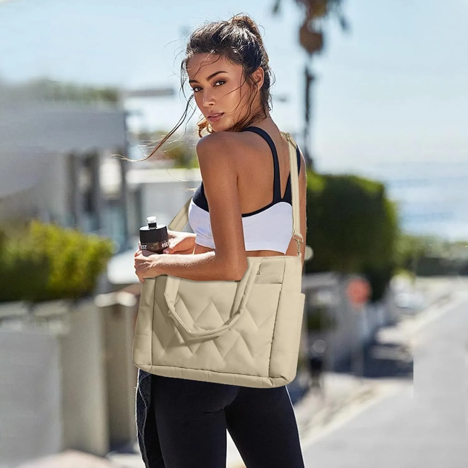 Puffer Tote Bag for Women Nylon Quilted Tote Bag Lightweight Puffy Shoulder Bag Black Camel White Pink