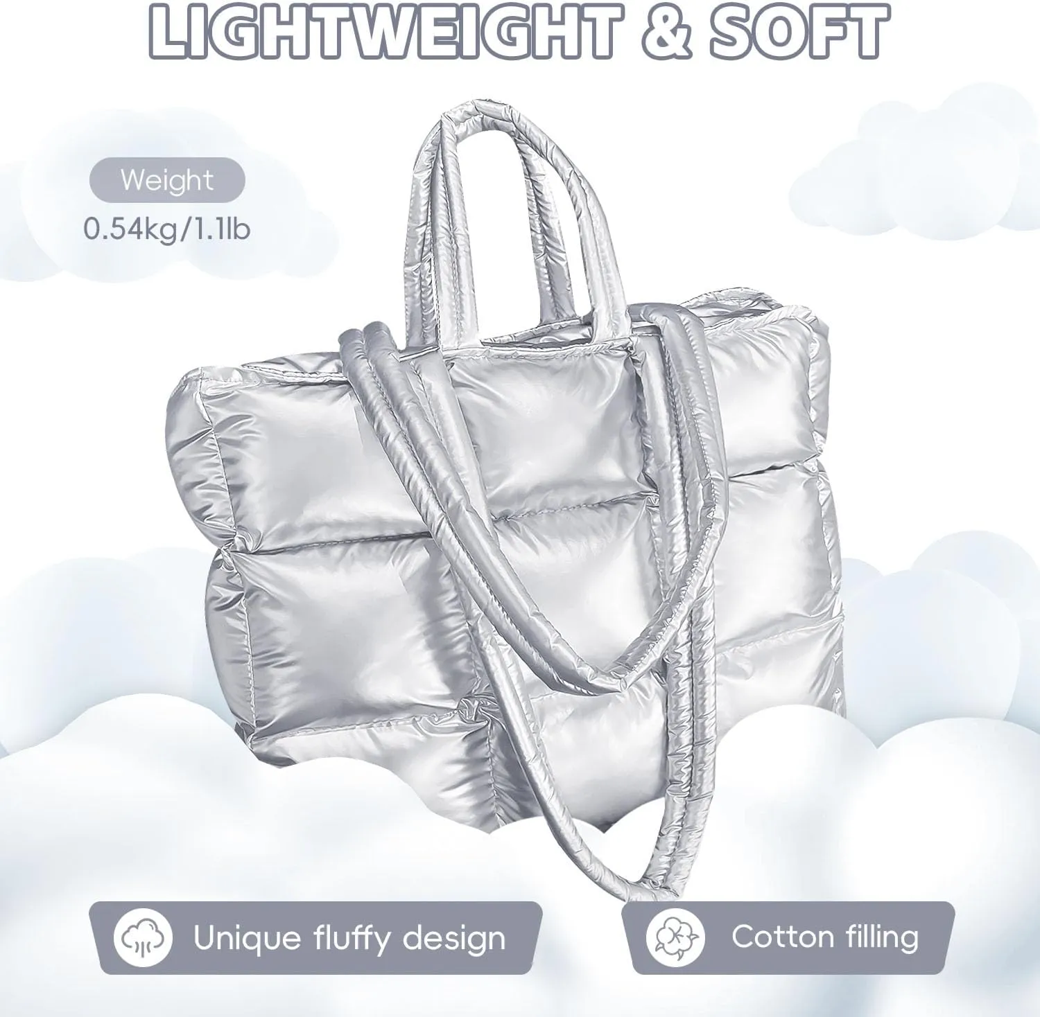 Puffer Tote Bag for Women, Quilted Puffy Handbag, Quilted Shoulder Bag Fluffy Satchel Purse for Work Travel Shopping