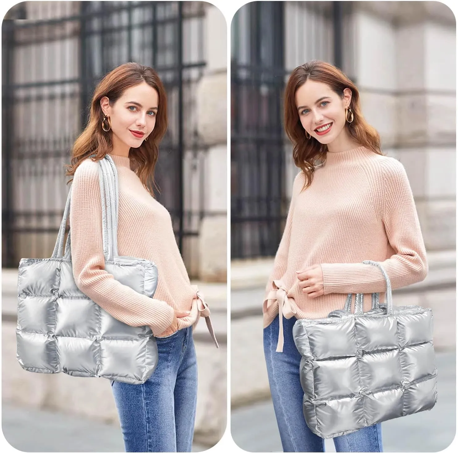 Puffer Tote Bag for Women, Quilted Puffy Handbag, Quilted Shoulder Bag Fluffy Satchel Purse for Work Travel Shopping