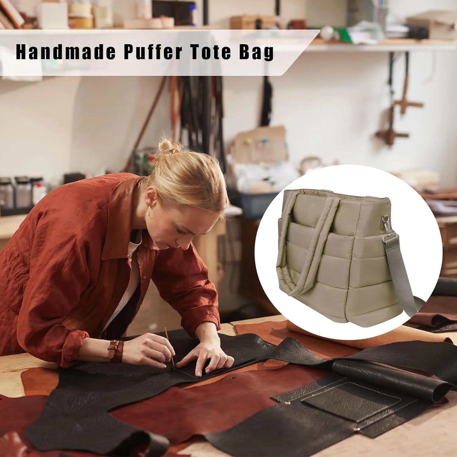 Puffer Tote Bag for Women, Quilted Shoulder Work Bag, Lightweight Travel Tote with Laptop Compartment