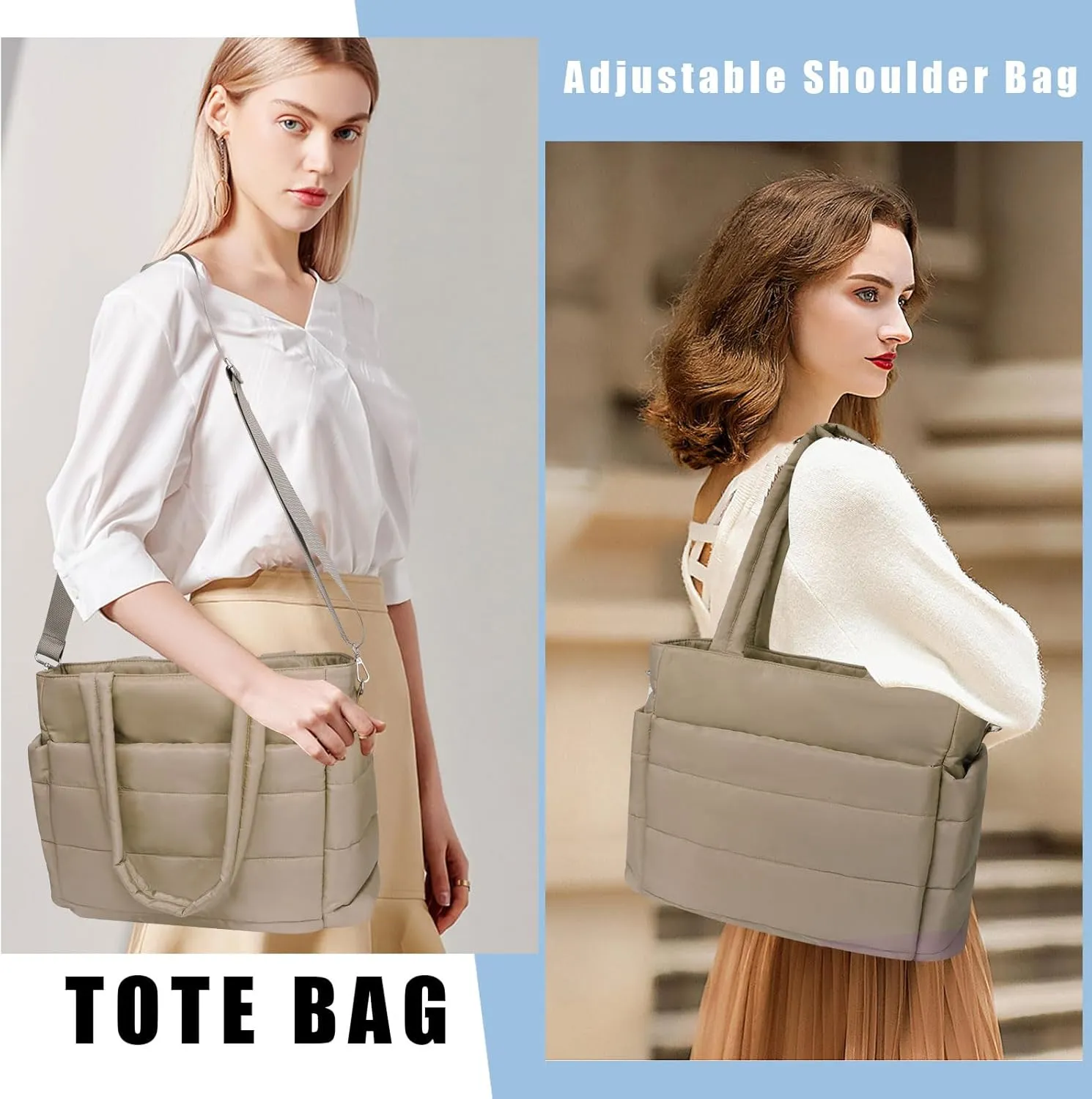 Puffer Tote Bag for Women, Quilted Shoulder Work Bag, Lightweight Travel Tote with Laptop Compartment