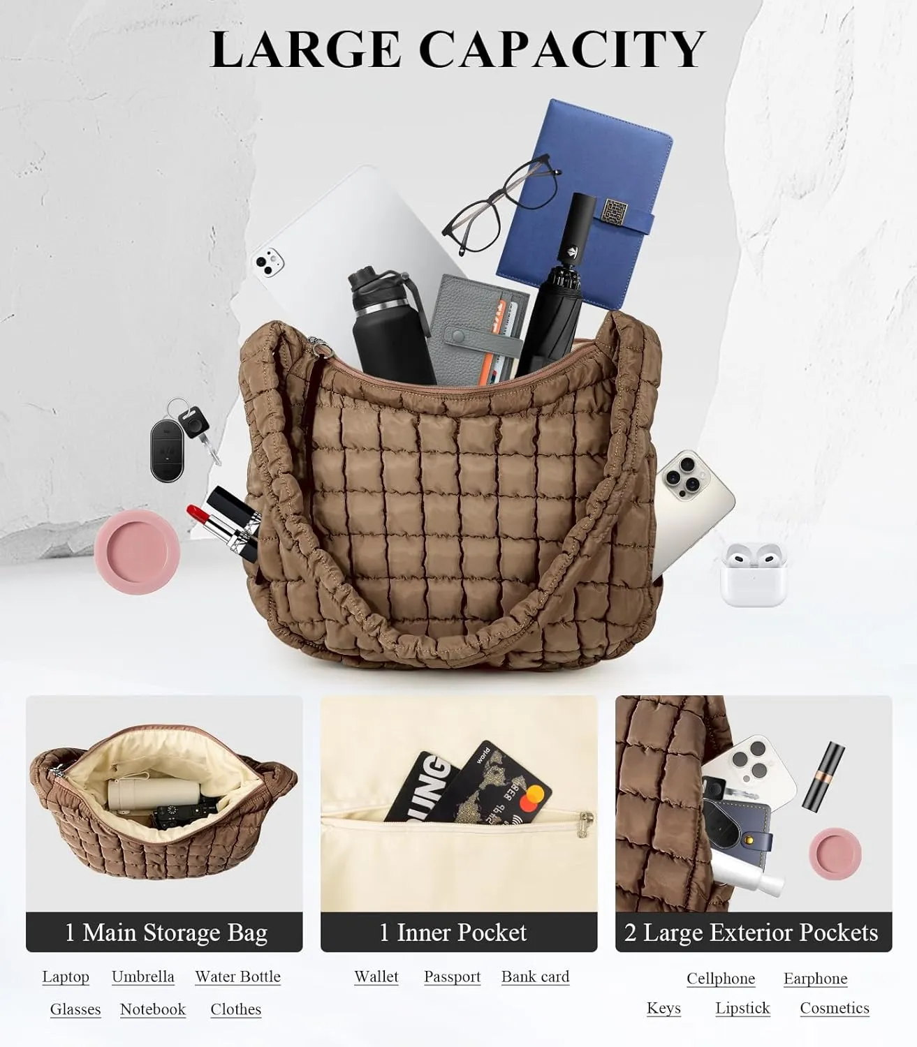 Puffer Tote Bag for Women, Quilted Tote Bag Puffer Bag, Large Quilted Crossbody Bags Carryall Bag, Hobo Bags for Travel