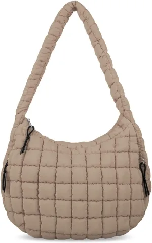Puffer Tote Bag for Women Quilted Tote Bag Quilted Carryall Bag Soft Puffy Crossbody Bag Lightweight Padding Hobo Handbags (Khaki)