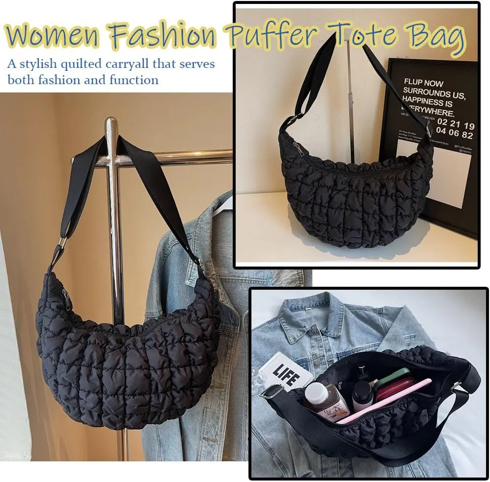 Puffer Tote Bag for Women,Large Quilted Tote Bag Quilted Carryall Bag Soft Puffy Crossbody Bag Hobo Handbags