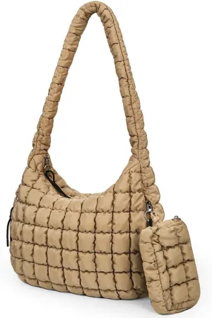 ﻿Puffer Tote Bag for Women,Quilted Carryall Bag,Large Hobo Shoulder Puff Purse Quilted Puffy Hobo Handbags(khaki)