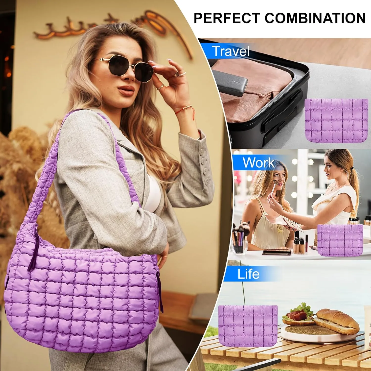 Puffer Tote Bag for Women,Quilted Tote Bag,Large Hobo Quilted Tote Bag Crossbody Shoulder Puff Purse Soft Fluffy Lightweight