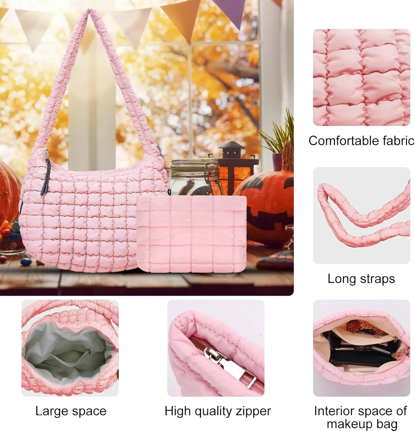Puffer Tote Bag for Women,Quilted Tote Bag,Large Hobo Quilted Tote Bag Crossbody Shoulder Puff Purse Soft Fluffy Lightweight