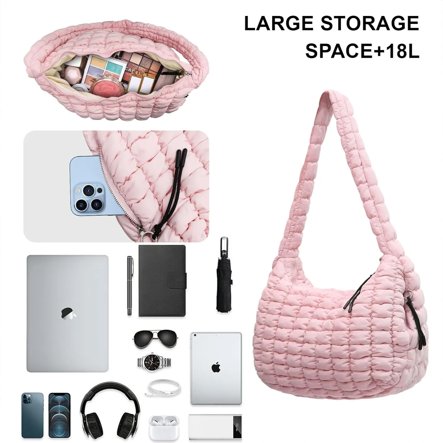 Puffer Tote Bag for Women,Quilted Tote Bag,Large Hobo Quilted Tote Bag Crossbody Shoulder Puff Purse Soft Fluffy Lightweight