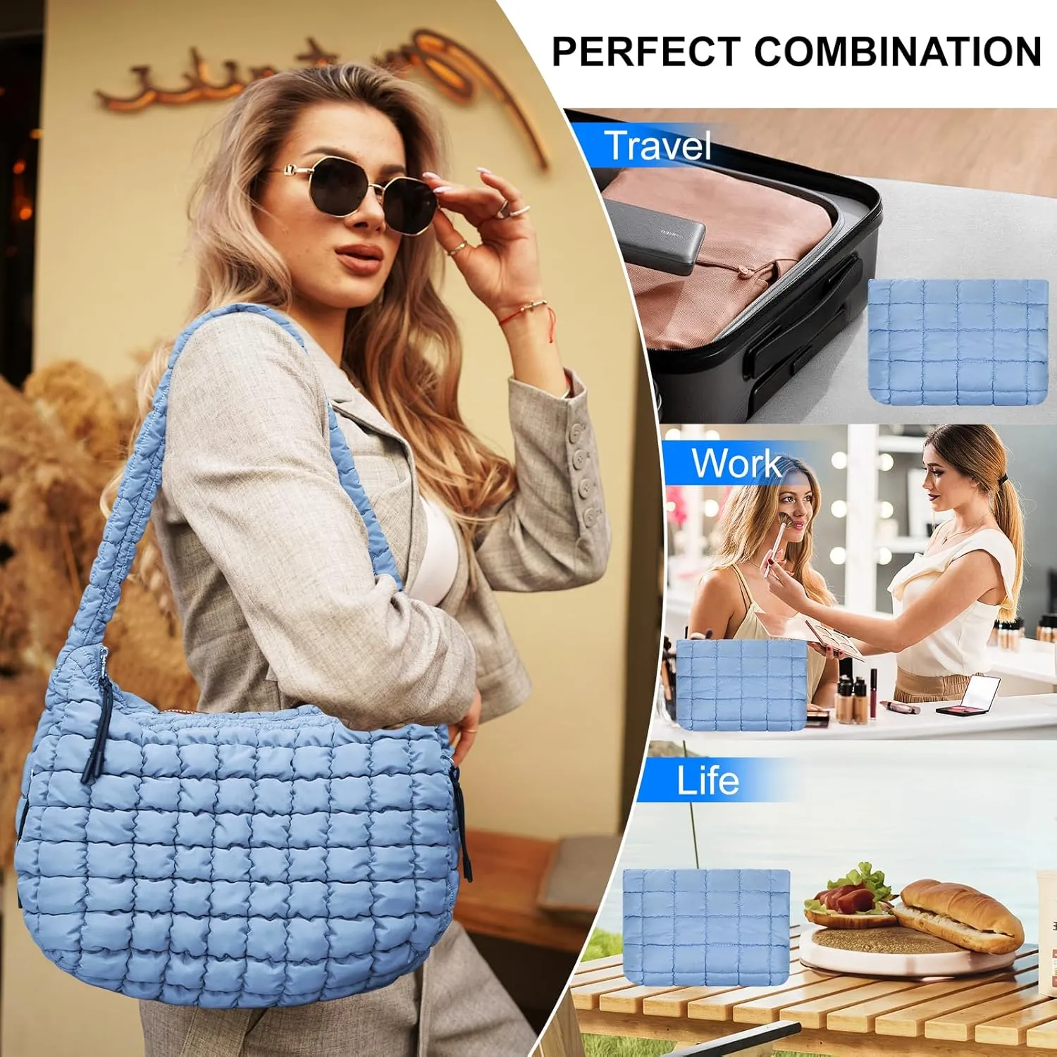 Puffer Tote Bag for Women,Quilted Tote Bag,Large Hobo Quilted Tote Bag Crossbody Shoulder Puff Purse Soft Fluffy Lightweight