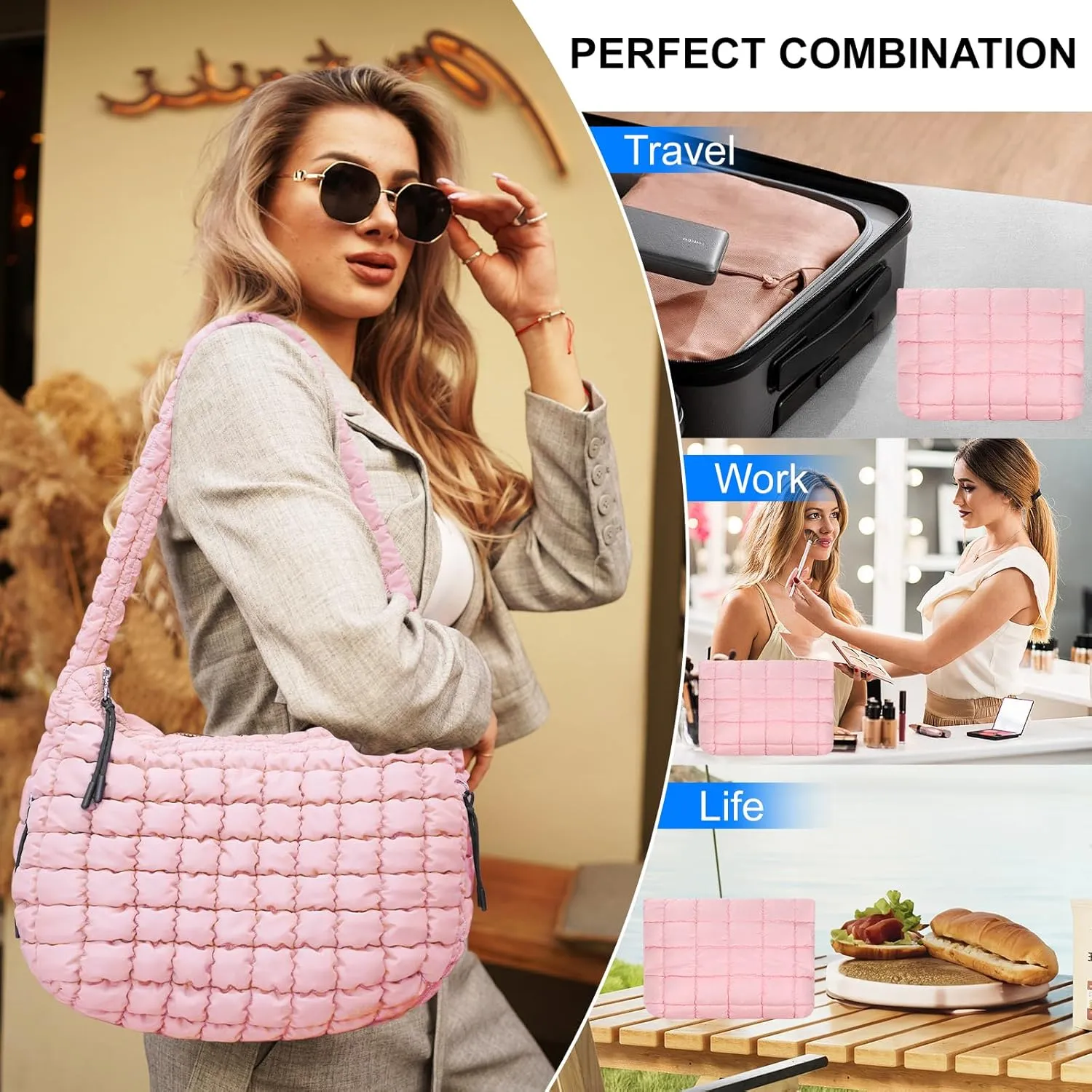 Puffer Tote Bag for Women,Quilted Tote Bag,Large Hobo Quilted Tote Bag Crossbody Shoulder Puff Purse Soft Fluffy Lightweight