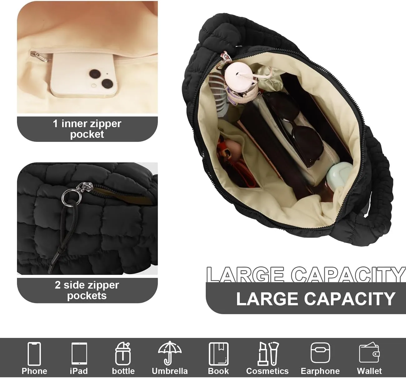 Puffer Tote Bag Quilted Tote Bag for Women Hobo Handbags Puff Purse Quilted Carryall Bag Soft Puffy Crossbody Bag