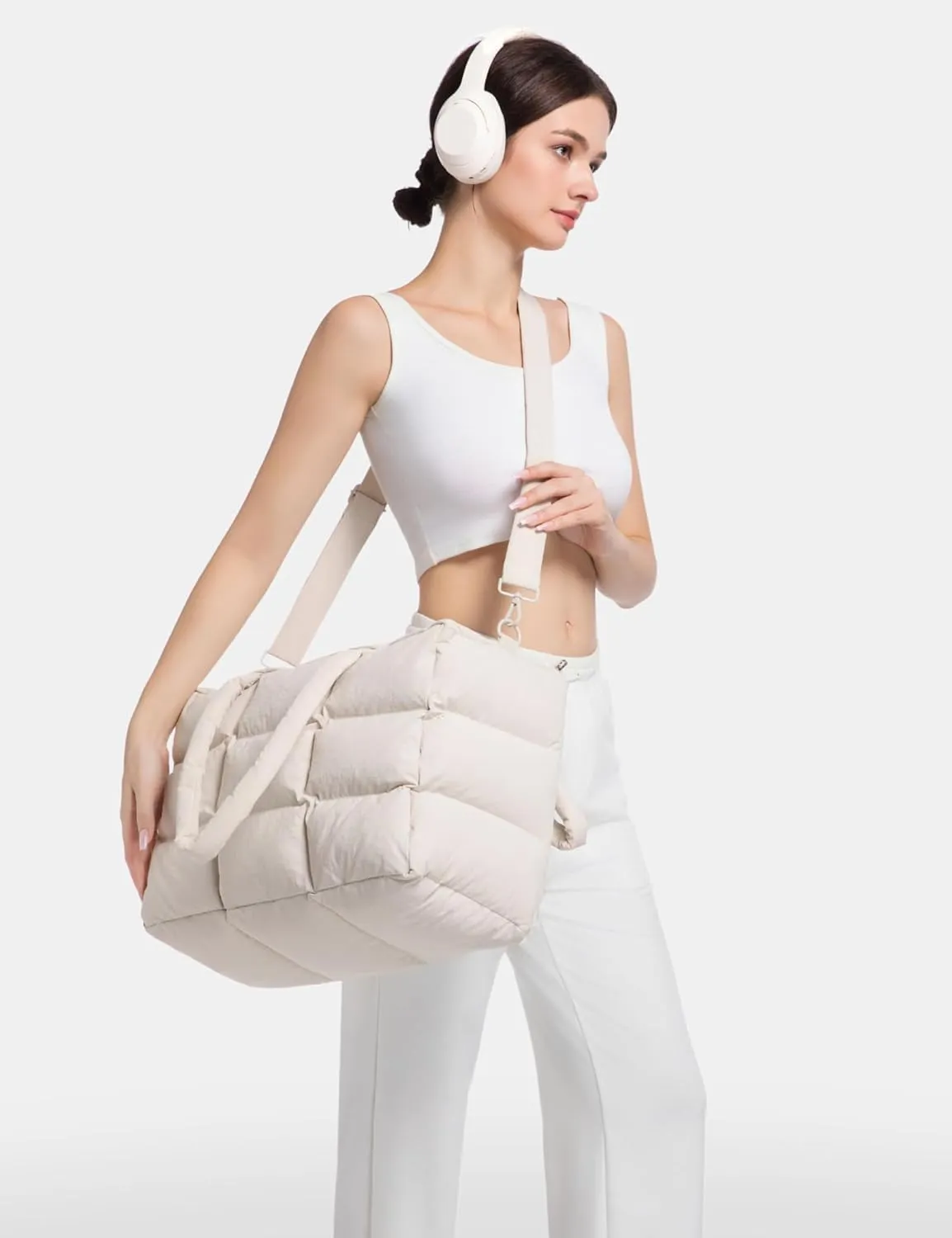 Puffer Tote Bag with Laptop Compartment, Quilted Shoulder Bag for Work Gym, Puffy Travel Carry On Tote with Zipper