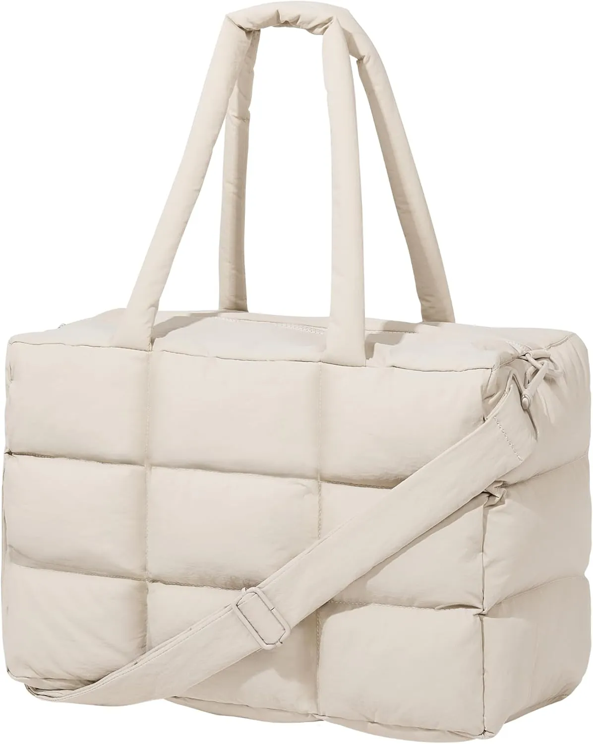 Puffer Tote Bag with Laptop Compartment, Quilted Shoulder Bag for Work Gym, Puffy Travel Carry On Tote with Zipper