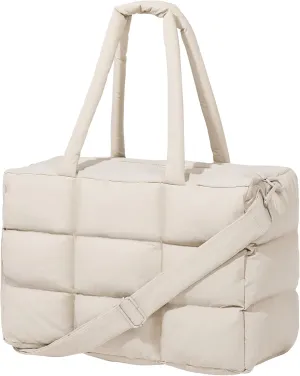 Puffer Tote Bag with Laptop Compartment, Quilted Shoulder Bag for Work Gym, Puffy Travel Carry On Tote with Zipper