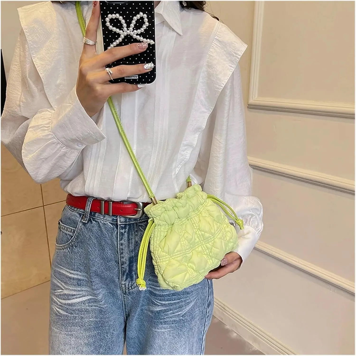 Puffer Tote Bag Women Puffer Bucket Bag Detachable Strap Drawstring Shoulder Bags Solid Color Quilted Crossbody Bag(Green)
