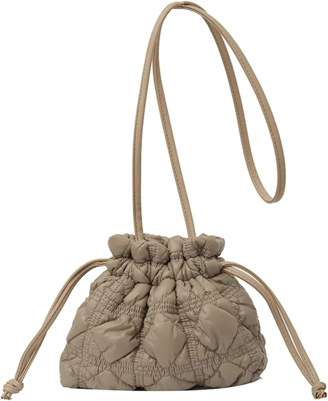 Puffer Tote Bag Women Puffer Bucket Bag Detachable Strap Drawstring Shoulder Bags Solid Color Quilted Crossbody Bag(Khaki)