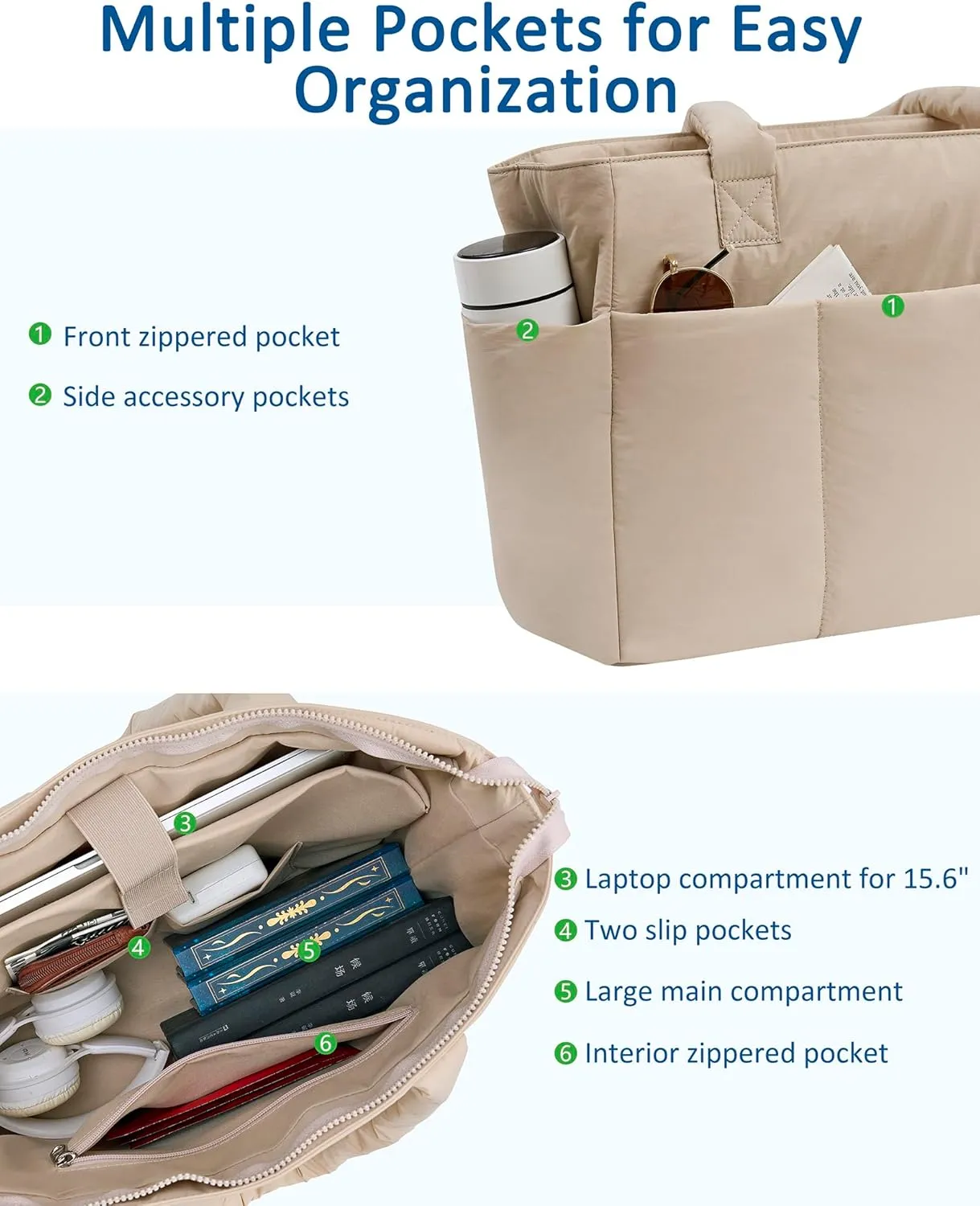 Puffer Tote Bag, Work Bags for Women with Laptop Compartment, Travel Tote with Luggage Sleeve, Quilted Bag for School
