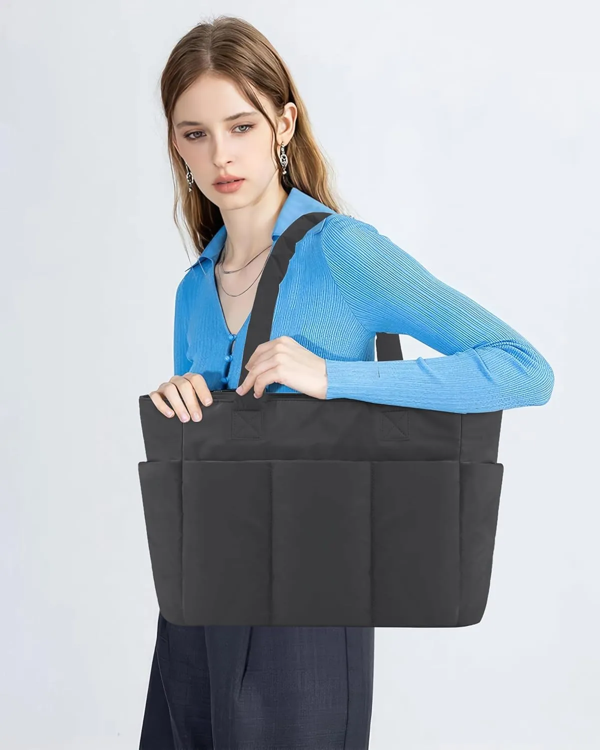 Puffer Tote Bag, Work Bags for Women with Laptop Compartment, Travel Tote with Luggage Sleeve, Quilted Bag for School