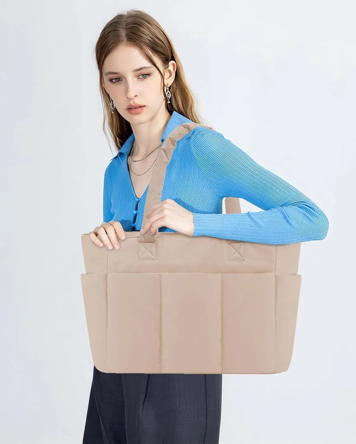 Puffer Tote Bag, Work Bags for Women with Laptop Compartment, Travel Tote with Luggage Sleeve, Quilted Bag for School