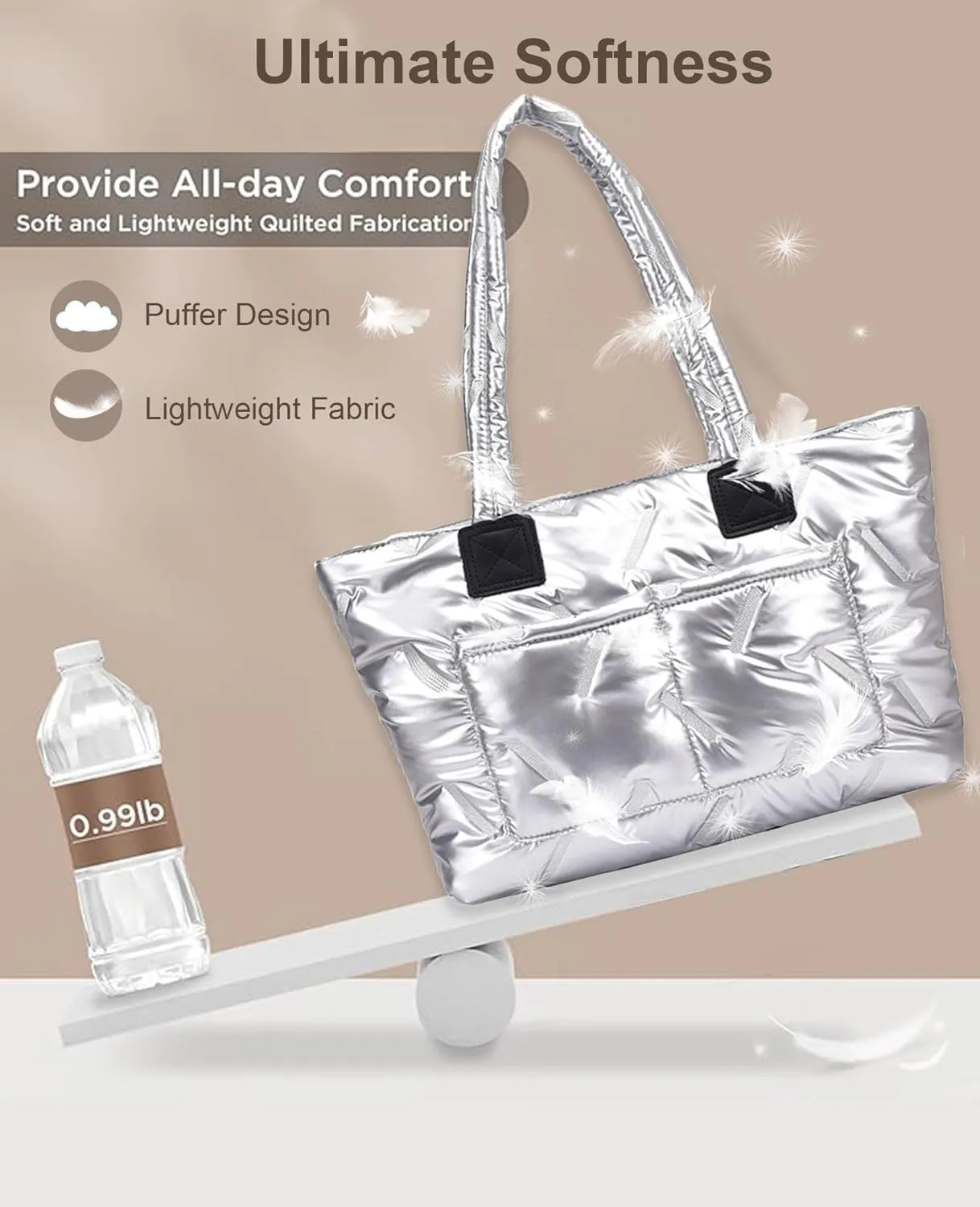 Puffer Tote Bag,Large Quilted Puffy Handbag Shoulder Bag Lightweight Satchel Purse for Travel, Work, Gym, Shop