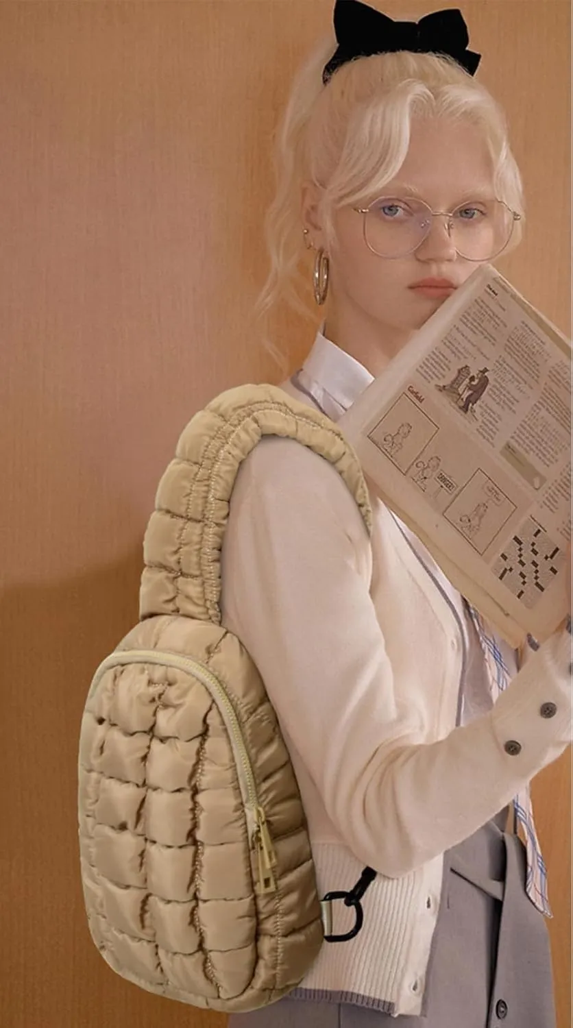 Puffer Tote for Women - Mini Chest Carryall Shoulder Bag with Lightweight Quilted Padding - Travel Trip Bag (Khaki)