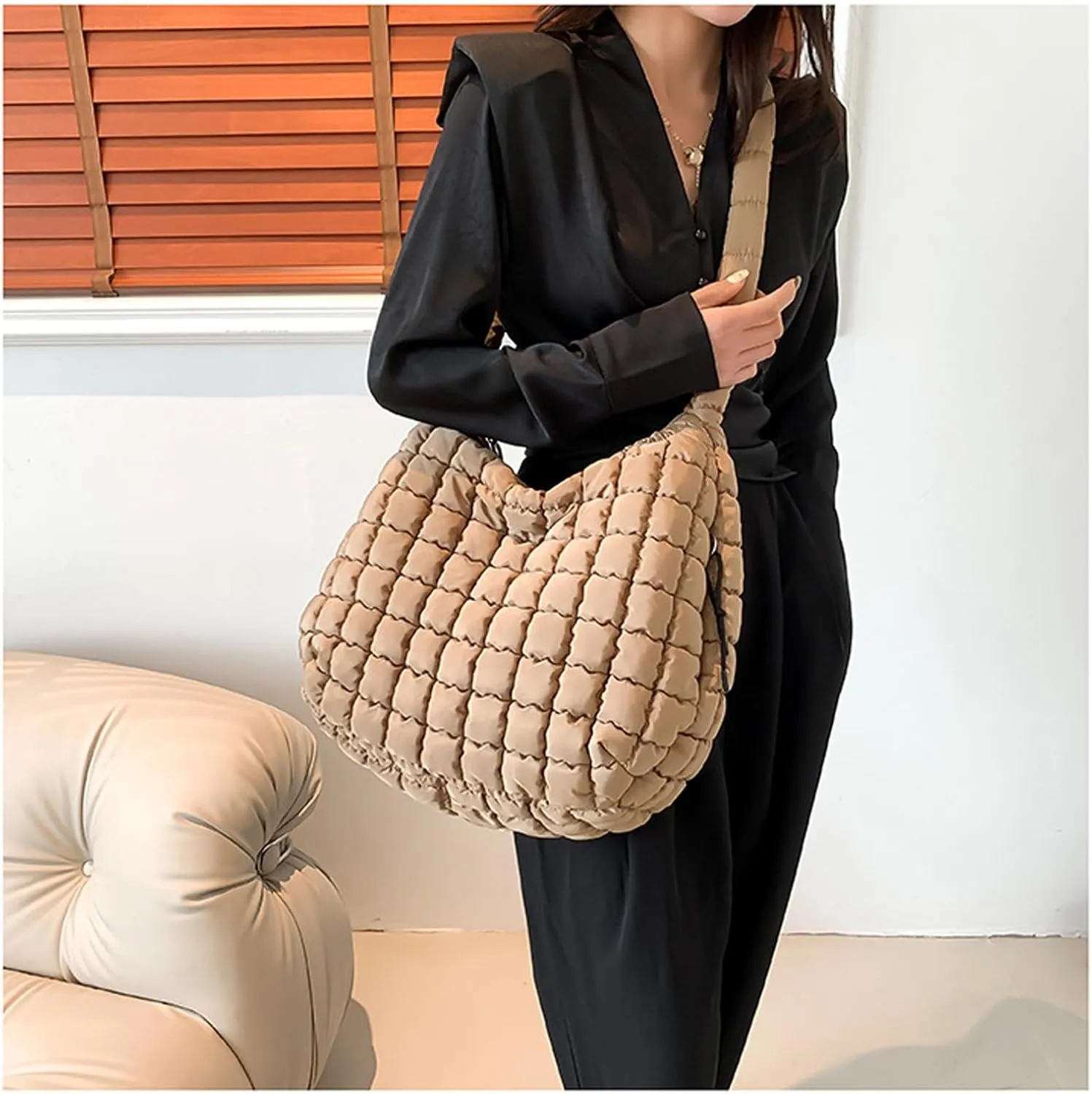 Puffy Bubble Tote Bag,Puffer Quilted Shoulder Bag for Women with Multiple Zippered Pockets, Trendy Crossbody Hobo Bag